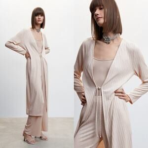 MNG Mango Womens Ribbed Long Duster Cardigan Size Large Beige Tie Front Slits